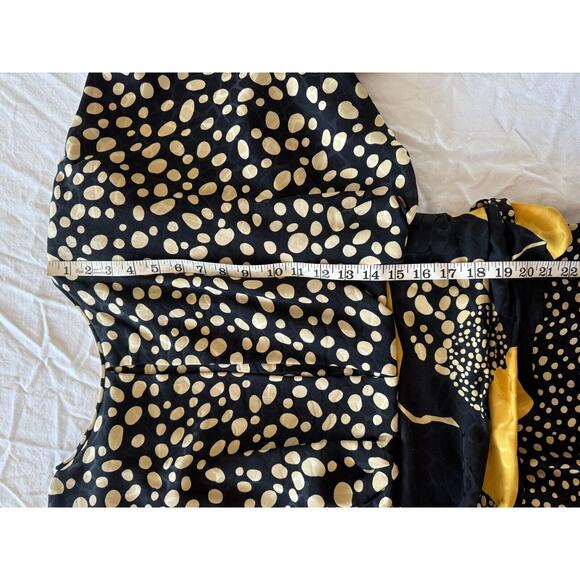 Vtg 80s 100% Silk Black Dress Yellow PolkaDot Ruched Blouson M 10 - Picture 7 of 13